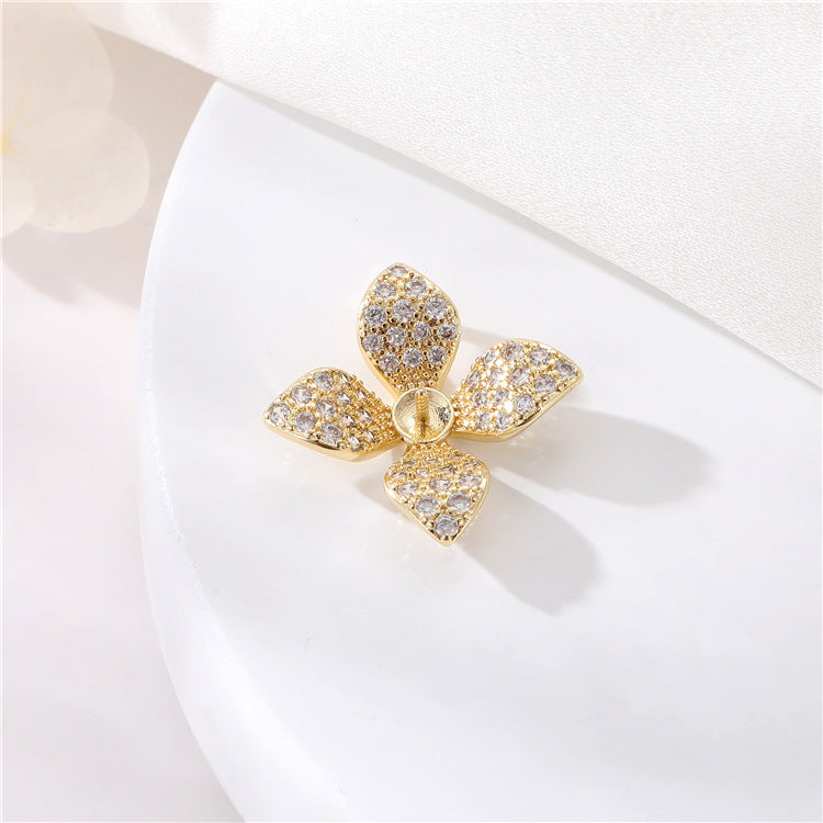 Wholesale Copper 14K Gold Packed Zircon Four Petal Flower Pearl Ring Set